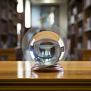 A lensball as an paperweight with wooden base in an rustic office photo