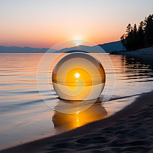 A lensball stands in the water on the beach during sunset - AI generated Illustration