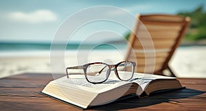 Lenses on an open book on a rustic table. Out of focus beach background photo