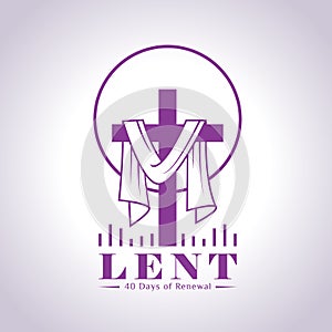 Lent, 40 days of renewal with purple lent cross crucifix and circle border line sign vector Design