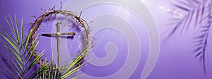 Lent - Crown Of Thorns and Cross With Palm Leaves And Bloody Spikes