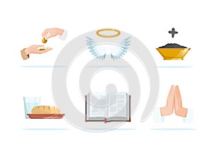 Lent season concepts set. Almsgiving, angel, ash wednesday, fasting, holy bible and prayer