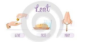 Lent season concepts set. Almsgiving, fasting and prayer