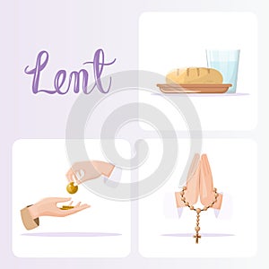 Lent season concepts set. Fasting, almsgiving and prayer