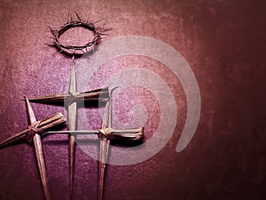 Lent Season,Holy Week and Good Friday Concepts - cross made of palm leaf in vintage background. Stock photo.