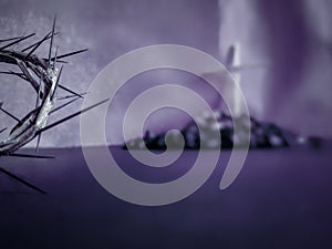 Lent Season,Holy Week and Good Friday concepts - the half image of crown of thorns in blurry purple vintage background