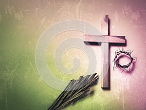 Lent Season,Holy Week and Good Friday concepts - Lenten and religious symbol in purple and green colors background. Stock photo.