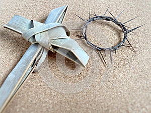 Lent Season,Holy Week and Good Friday Concepts - photo of crown of thorns and cross shaped background. Stock photo.