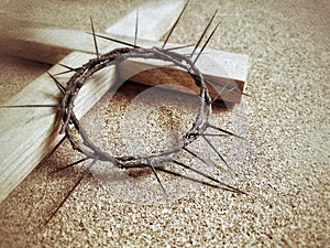 Lent Season,Holy Week and Good Friday Concepts - photo of crown of thorns in vintage background. Stock photo.