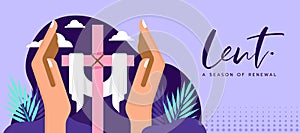 Lent, a season of renewal - big hands hold care lent cross crucifix and plam leaves on floor vector design