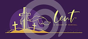 Lent, a season of renewal text and gold lent cross crucifix on mountaion and circle sunset on dark purple background vector design