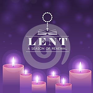 Lent, a season of renewal word and Christian Cross, bible sign on candles light and purple bokeh texture background vector design