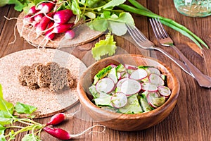 Lenten spring vegetable salad from cucumber, radish, greens