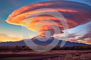 lenticular cloud formation over a mountain range at sunset