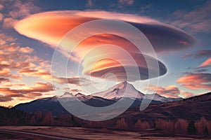 lenticular cloud formation over a mountain range at sunset