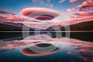 lenticular clouds hovering above a serene lake