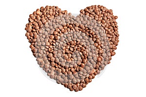 Lentil beans in shape of heart isolated on white background