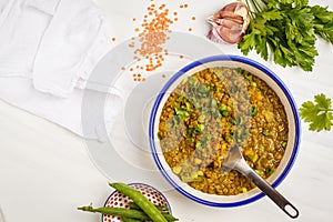 Lentil curry, Indian cuisine, tarka dal, white background, top v