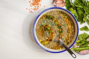 Lentil curry, Indian cuisine, tarka dal, white background, top v