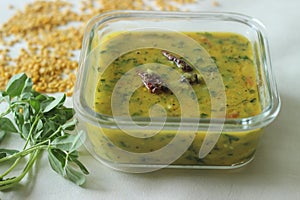 Lentil curry prepared with fresh fenugreek leaves, commonly called Methi dal in India