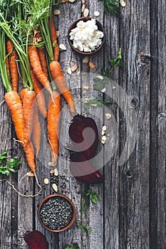 Lentil Salad Ingredient with Roasted Carrots, Beetroots and Feta Cheese