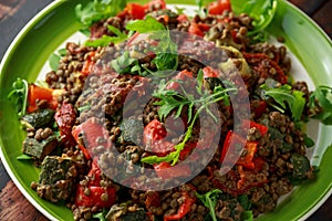 Lentil salad with roasted red pepper, zucchini and dry tomatoes, lemon. healthy food, vegetarian and vegan style