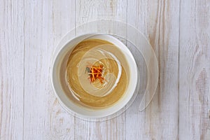 Lentil soup Bowl, Mixed Lentil soup, Egyptian Lentil soup, Turkish Lentil soup, on wooden background, top view, top shot