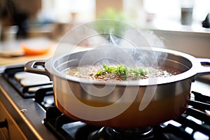 lentil soup cooking in pot on stovetop