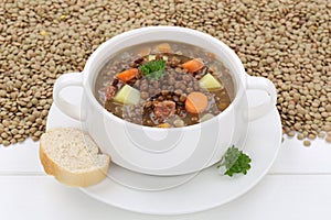 Lentil soup stew with fresh lentils in bowl