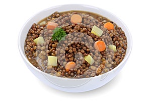 Lentil soup stew with lentils in bowl isolated