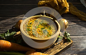 Lentil soup on a wooden tasty eating gourmet vegetable