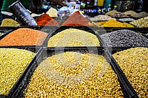 Lentil spices beans grains in a store in India.