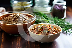 lentils and roasted barley in separate bowls