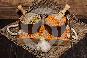 Lentils seeds on a wooden table with sackcloth. Seeds of red and green dietary supplements of lentils. Useful lentils of the legum