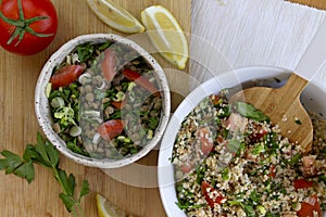 Lentils and tabbouleh with fresh tomatoes, parsley and lemon.