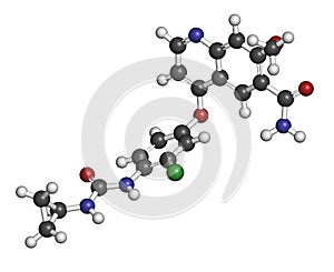 Lenvatinib cancer drug molecule (multi-kinase inhibitor). Atoms are represented as spheres with conventional color coding: