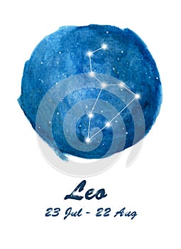 Leo constellation icon of zodiac sign Leo in cosmic stars space. Blue starry night sky inside circle background.