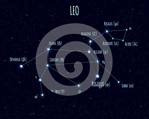 Leo constellation, vector illustration with the names of basic stars