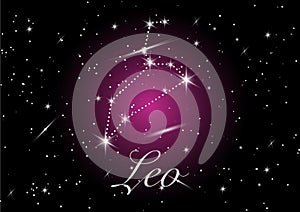 Leo zodiac constellations sign on beautiful starry sky with galaxy and space behind. Lion horoscope symbol constellation