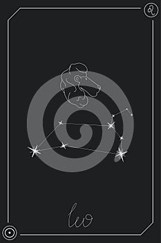 Leo horoscope card with constellation, zodiac sign and a patronizing planet.