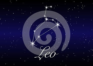 Leo zodiac constellations sign on beautiful starry sky with galaxy and space behind. Lion horoscope symbol constellation
