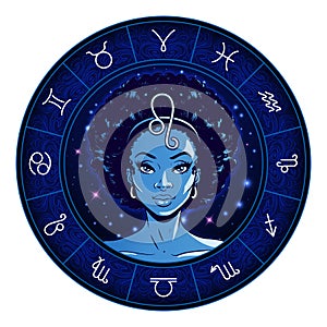 Leo zodiac sign artwork, beautiful girl face, horoscope symbol, star sign, vector illustration