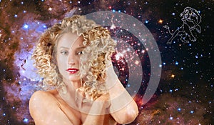 Leo Zodiac Sign. Astrology and horoscope, Beautiful woman Leo on the galaxy background