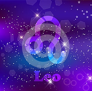 Leo Zodiac sign on a cosmic purple background with sparkling stars and nebula