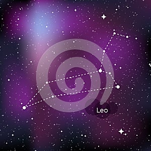 Leo zodiac sign. Horoscope symbol, linear constellation. Star universe background. Vector illustration