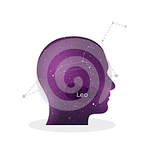 Leo zodiac sign. Man portrait in profile. Horoscope symbol, linear constellation. Star universe texture. Vector illustration