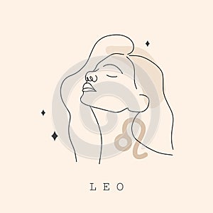 Leo zodiac sign. One line drawing. Astrological icon with abstract woman face. Mystery and esoteric outline logo