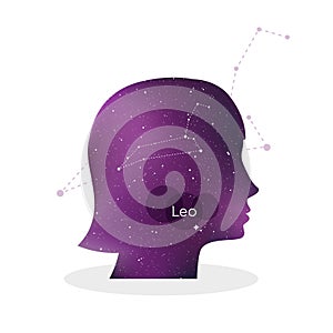 Leo zodiac sign. Woman portrait in profile. Horoscope symbol, linear constellation. Star universe texture. Vector illustration