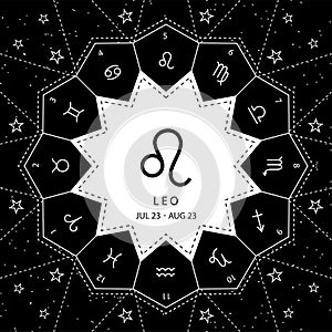 Leo. Zodiac signs outline style vector set on star sky background.