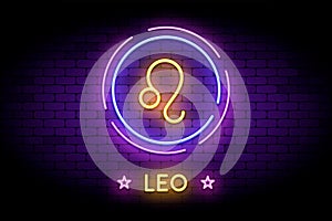 The Leo zodiac symbol in neon style on a wall.